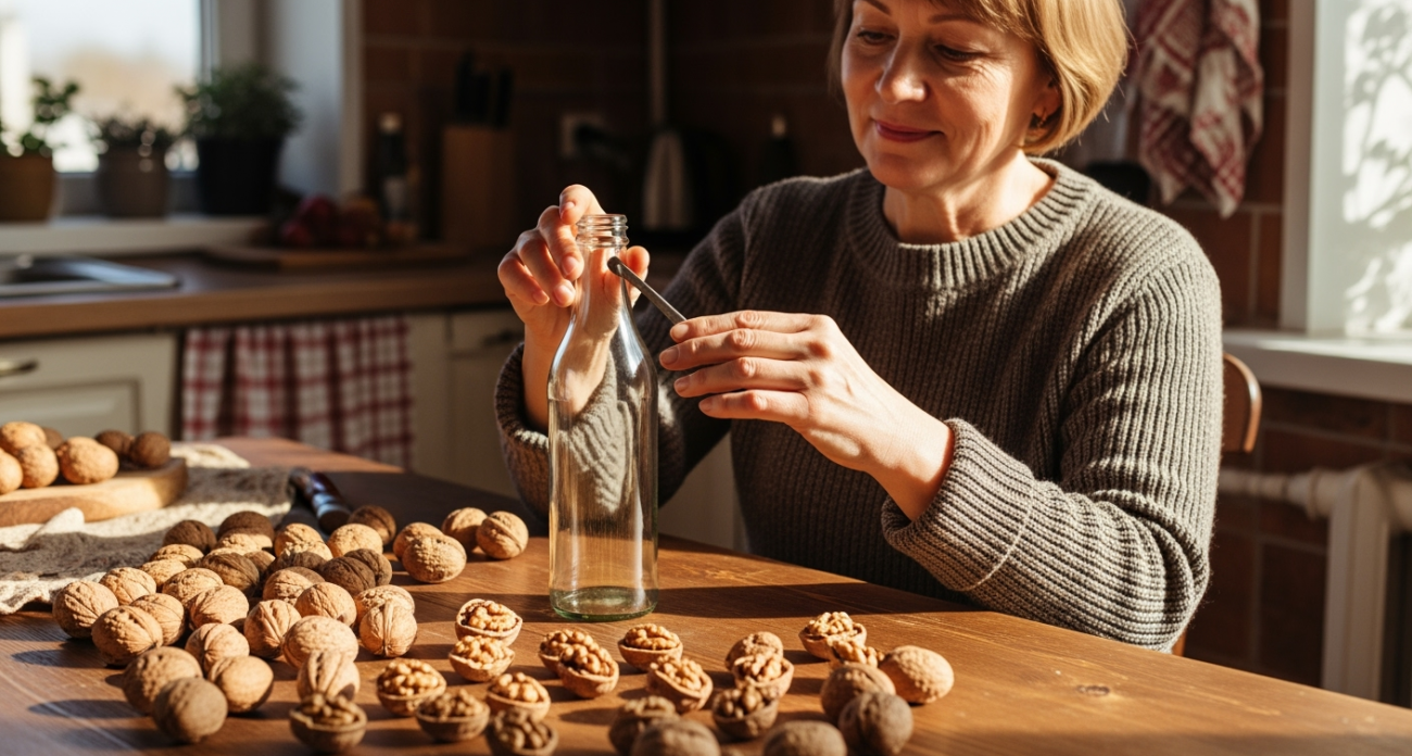 Чищу грецкие орехи бутылкой: ядрышки остаются целыми, а крошек нет - легче семечек