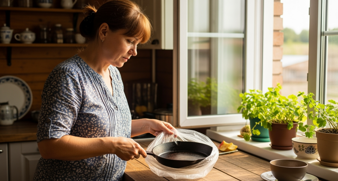 Кладу сковороду в пакет — нагар отлетает со свистом, поверхность сверкает как зеркало