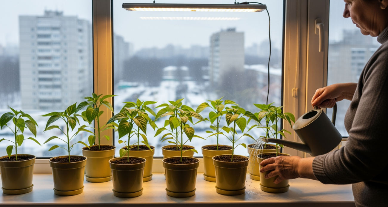 Семена между губками дают мощную рассаду даже зимой: перцы растут как на стероидах