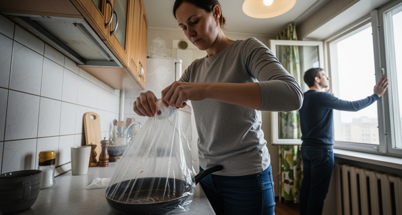 Завернула сковороду в обычный пакет из магазина и забыла про нагар — теперь блестит как в рекламе