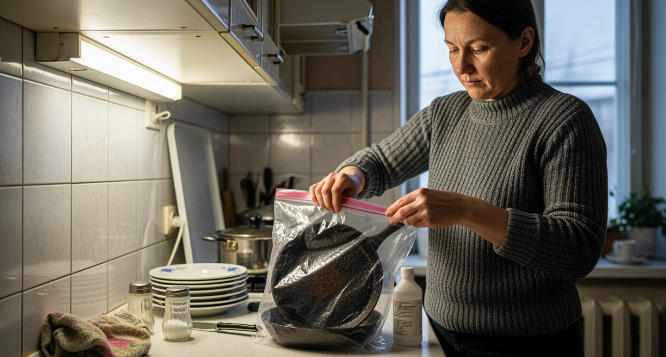 Завернула сковороду в обычный пакет из магазина и забыла о чистке — блестит как новенькая через минуту