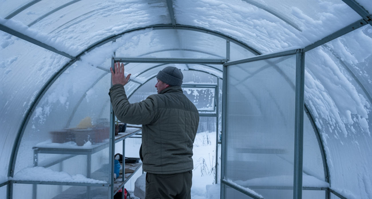 Старый трюк с теплицей зимой — пока соседи мучаются лопатами, вы очистите снег за минуту без инструментов