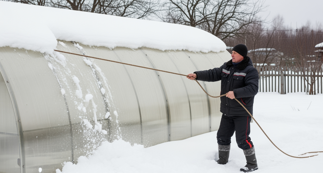 Старый трюк с веником поможет очистить теплицу от снега быстрее чем за минуту без усилий