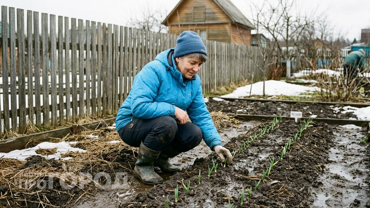 Ещё лежит талый снег а я уже рассыпаю по чесноку одно средство — потом ни одного жёлтого пера за сезон