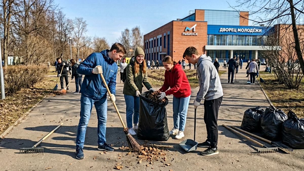 В Рыбинске стартовал общегородской субботник: чиновники, студенты и спортсмены убирают город