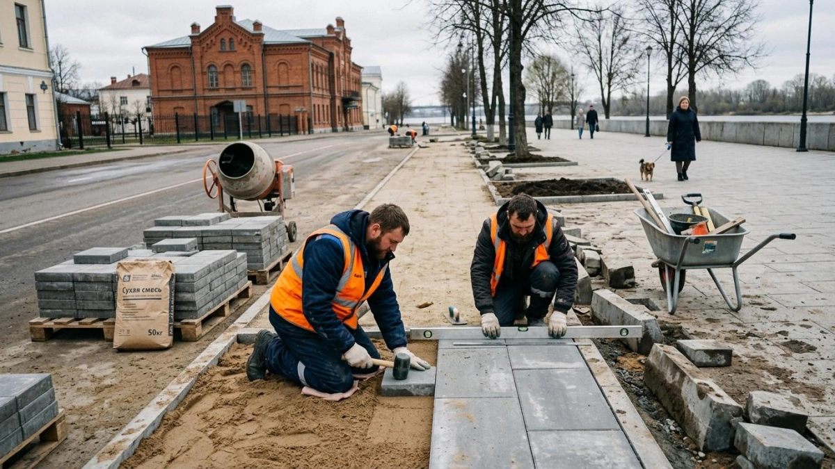 На Волжской набережной Рыбинска меняют покрытие и высаживают новые деревья