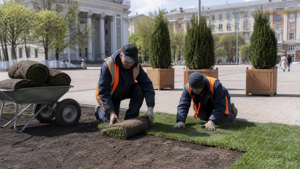 На Красной площади Рыбинска уложили новый газон и расставили туи